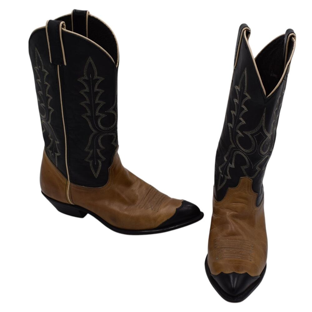 Vintage CODE WEST Leather Western Cowboy Boots - Black / Tan - USA Made Womens 8